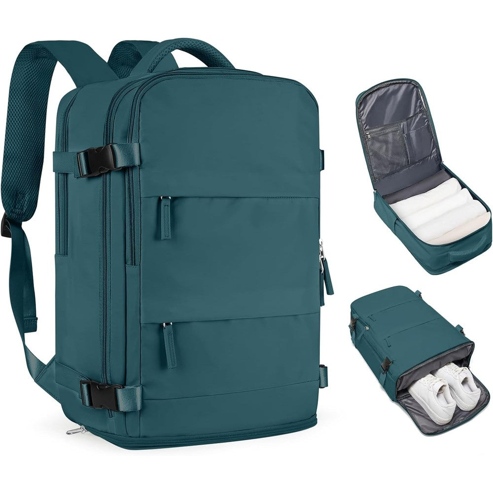 Coofay travel backpack front view in peacock blue color layout