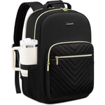 LOVEVOOK Quilted Laptop Backpack front view showcasing black water-resistant fabric and gold zippers.