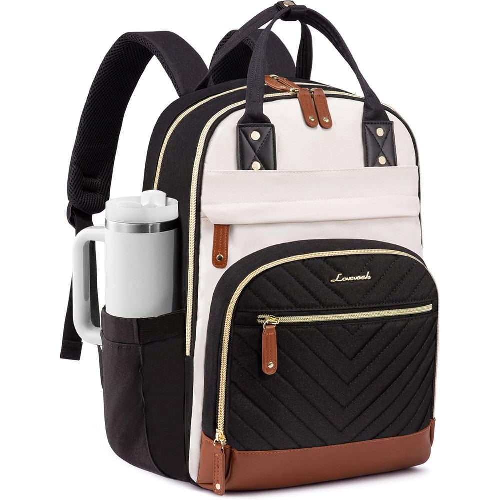 LOVEVOOK laptop backpack for women beige black brown front view showing quilted design