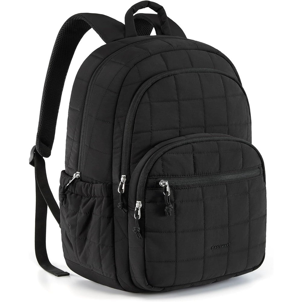 BAGSMART college laptop backpack in black showing the quilted front exterior view