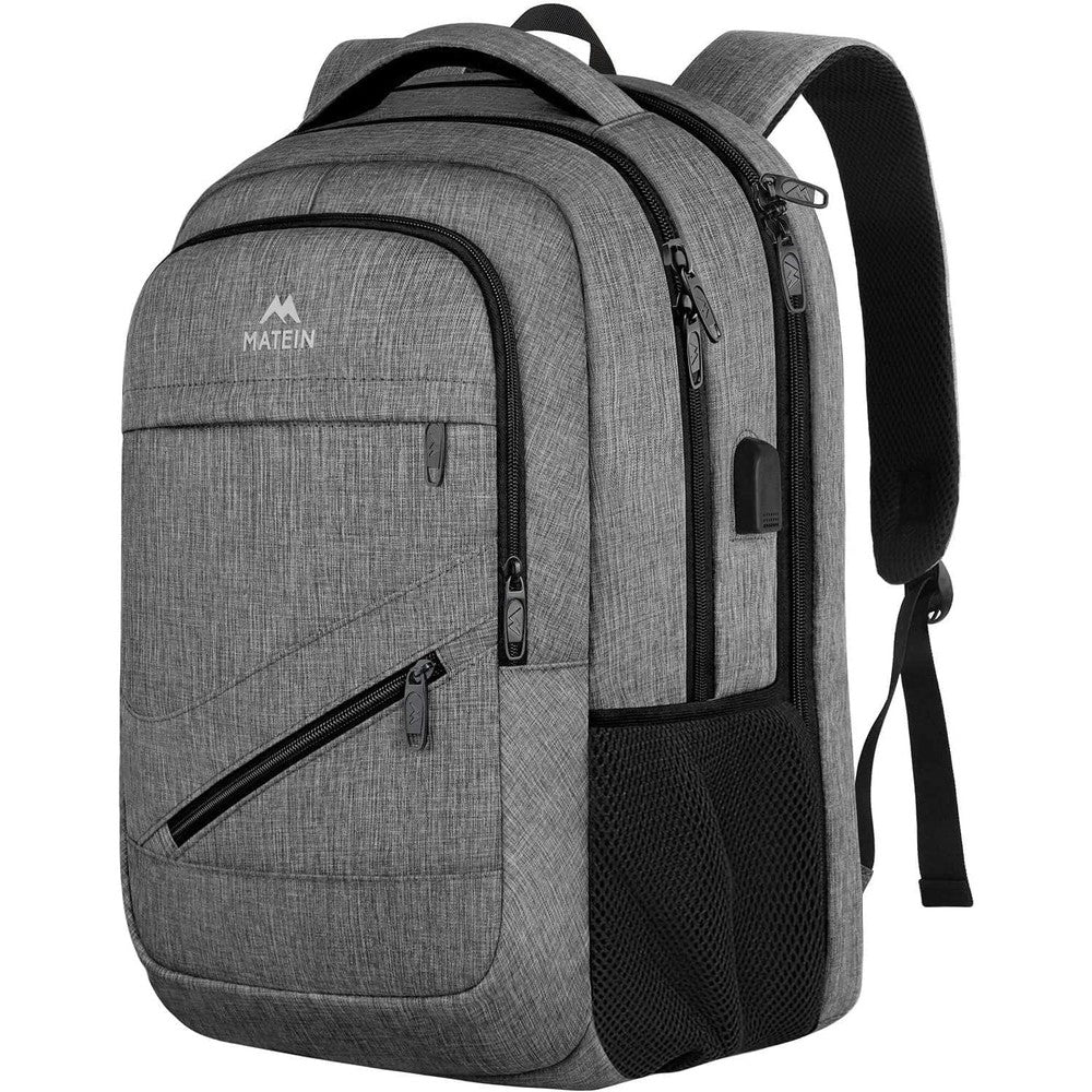 MATEIN travel laptop backpack front view in grey color featuring multiple zipper pockets.