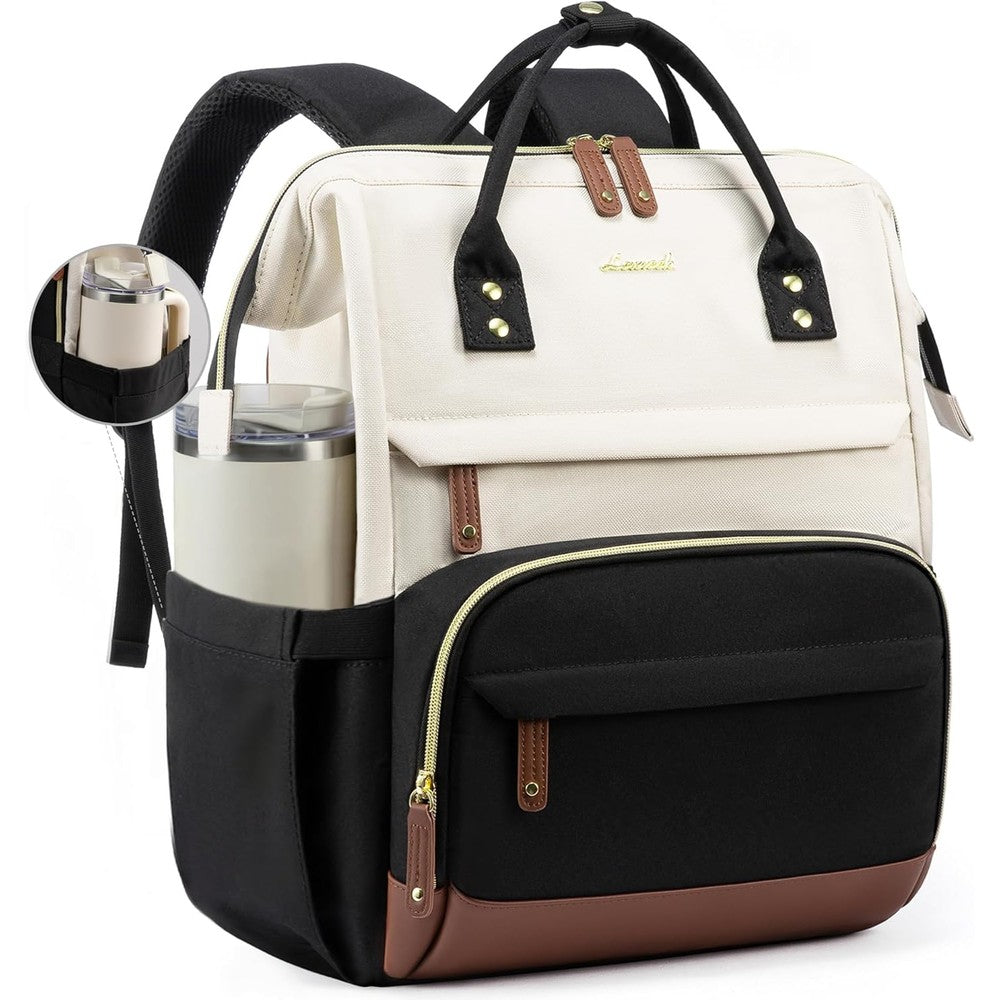 LOVEVOOK laptop backpack for women front view in nude color showcasing the structured wide opening design.