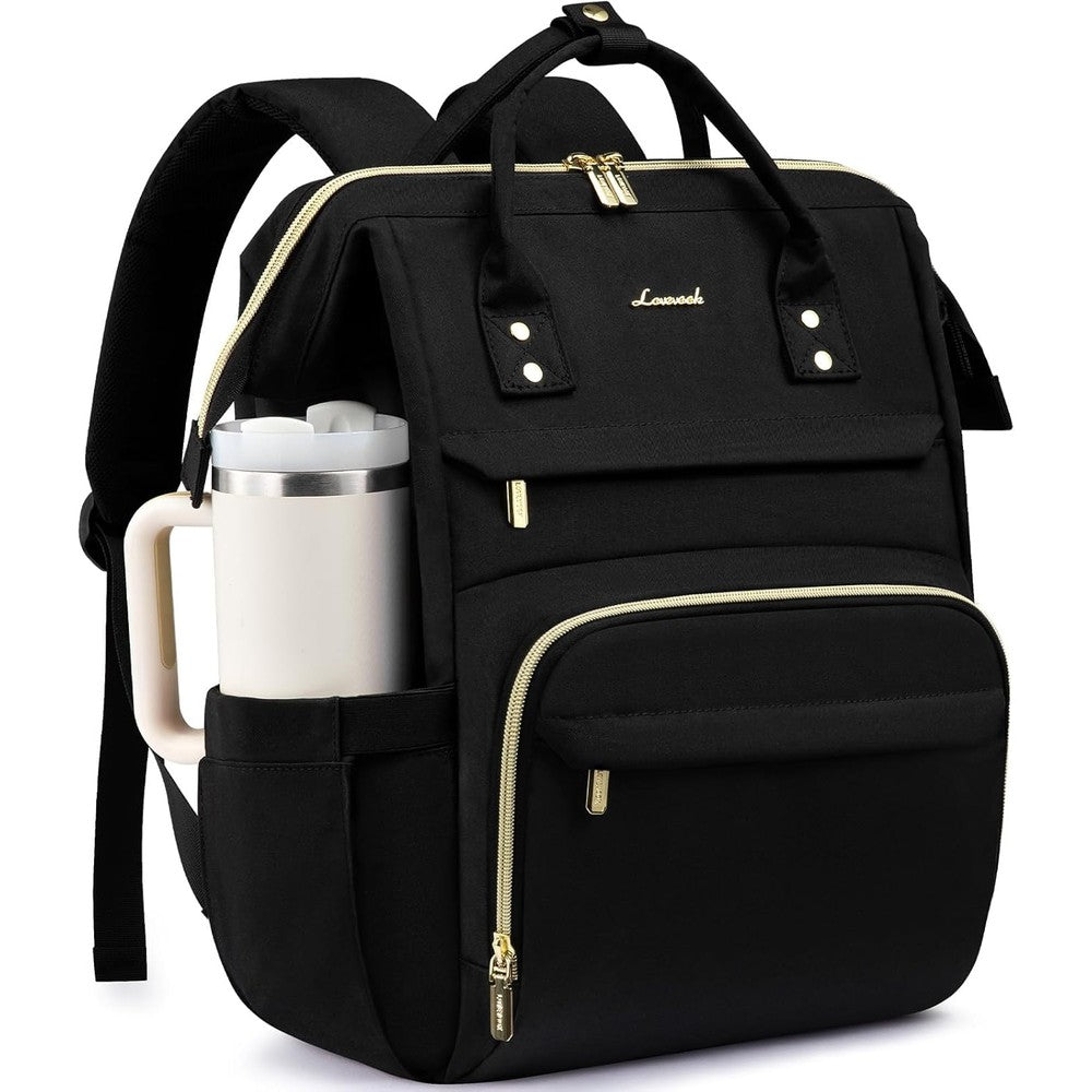LOVEVOOK Laptop Backpack for Women front view in black showing gold zippers and premium fabric.