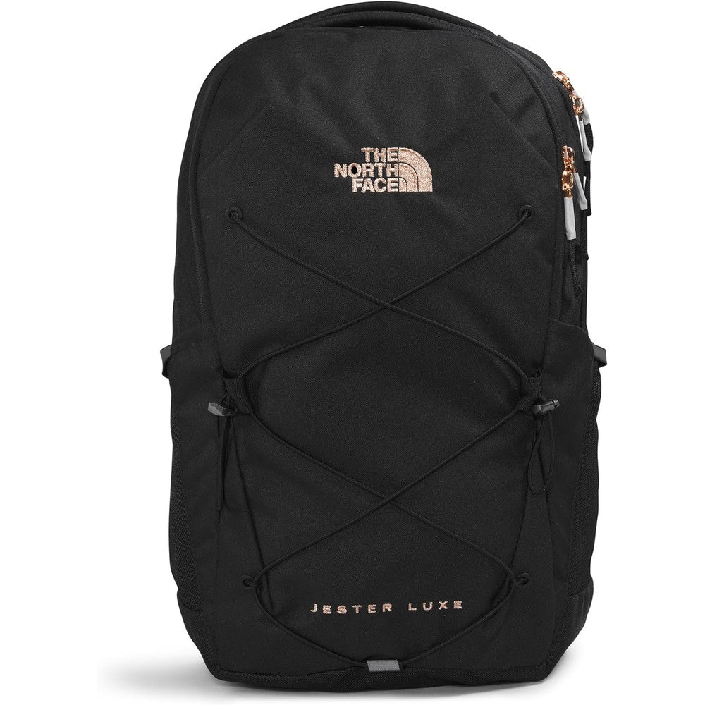 The North Face Women's Jester Luxe Laptop Backpack front view showing black fabric and metallic coral branding.