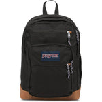 JanSport Cool Student backpack front view in black showing synthetic leather base.