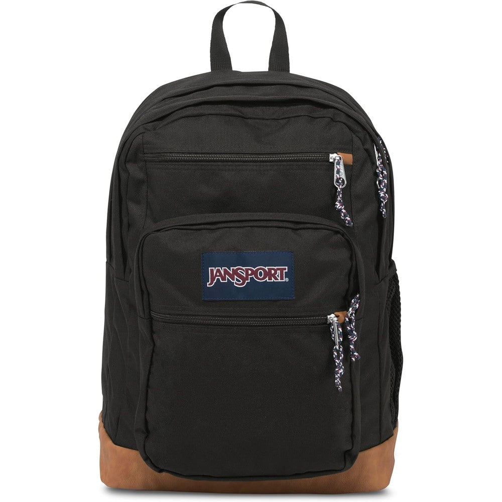 JanSport Cool Student backpack front view in black showing synthetic leather base.