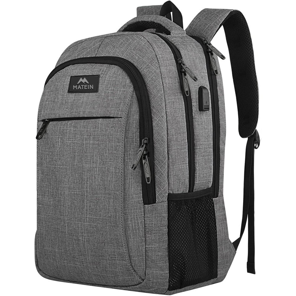MATEIN travel laptop backpack grey front view showing sleek modern business design.