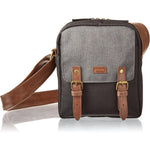 Caseable shoulder travel bag for Kindle in black and grey front view showing leather trim flap
