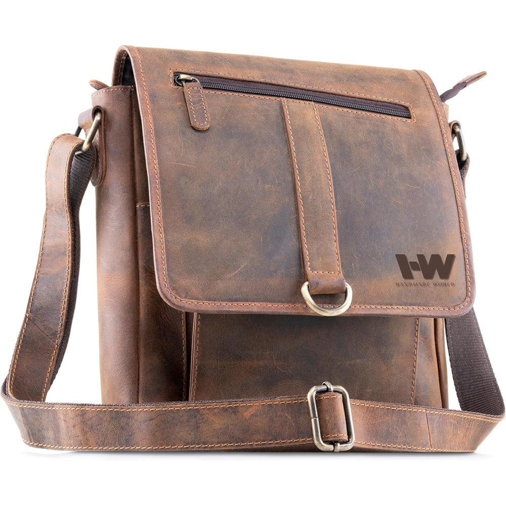 Handmade World leather messenger bag front view