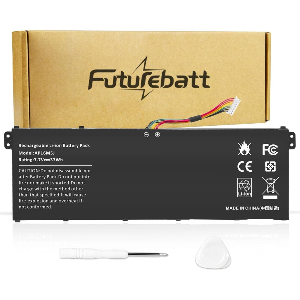 Futurebatt AP16M5J laptop battery front view showing the internal black casing and connection interface.