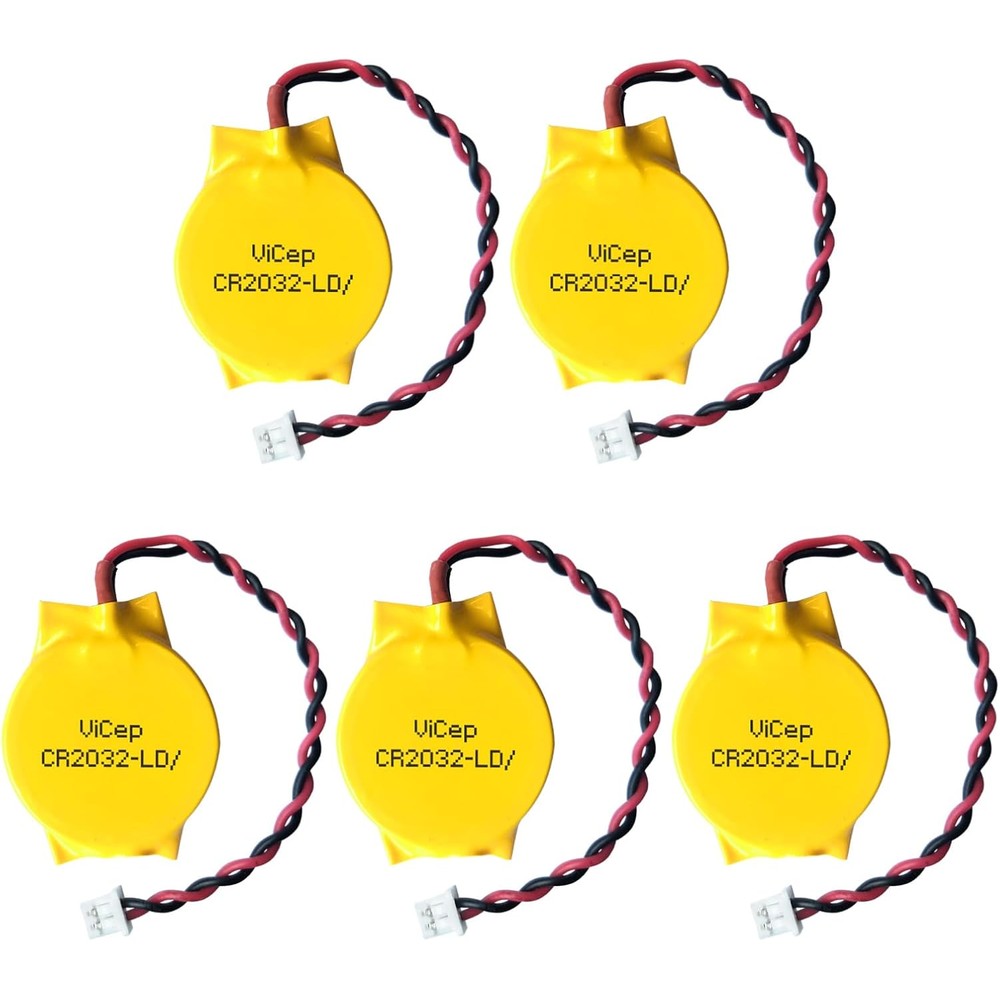 ViCep CR2032 CMOS battery five pack front view showing the insulated wrap and wire leads
