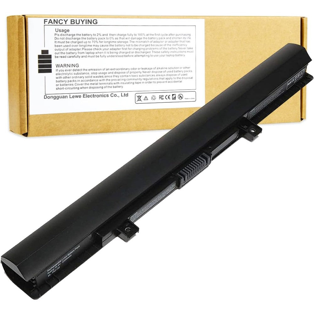 Fancy Buying laptop battery front view showing sleek black housing design.