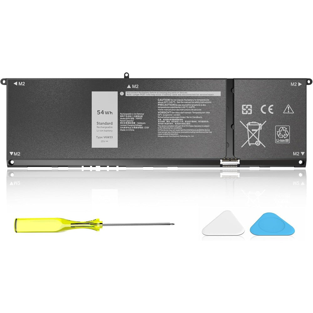 VNYUNQWE V6W33 laptop battery replacement front view showcasing the four cell layout and specifications label.