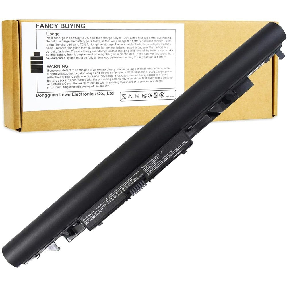 Fancy Buying replacement laptop battery front view showcasing the sleek black protective casing and terminal connector pins.