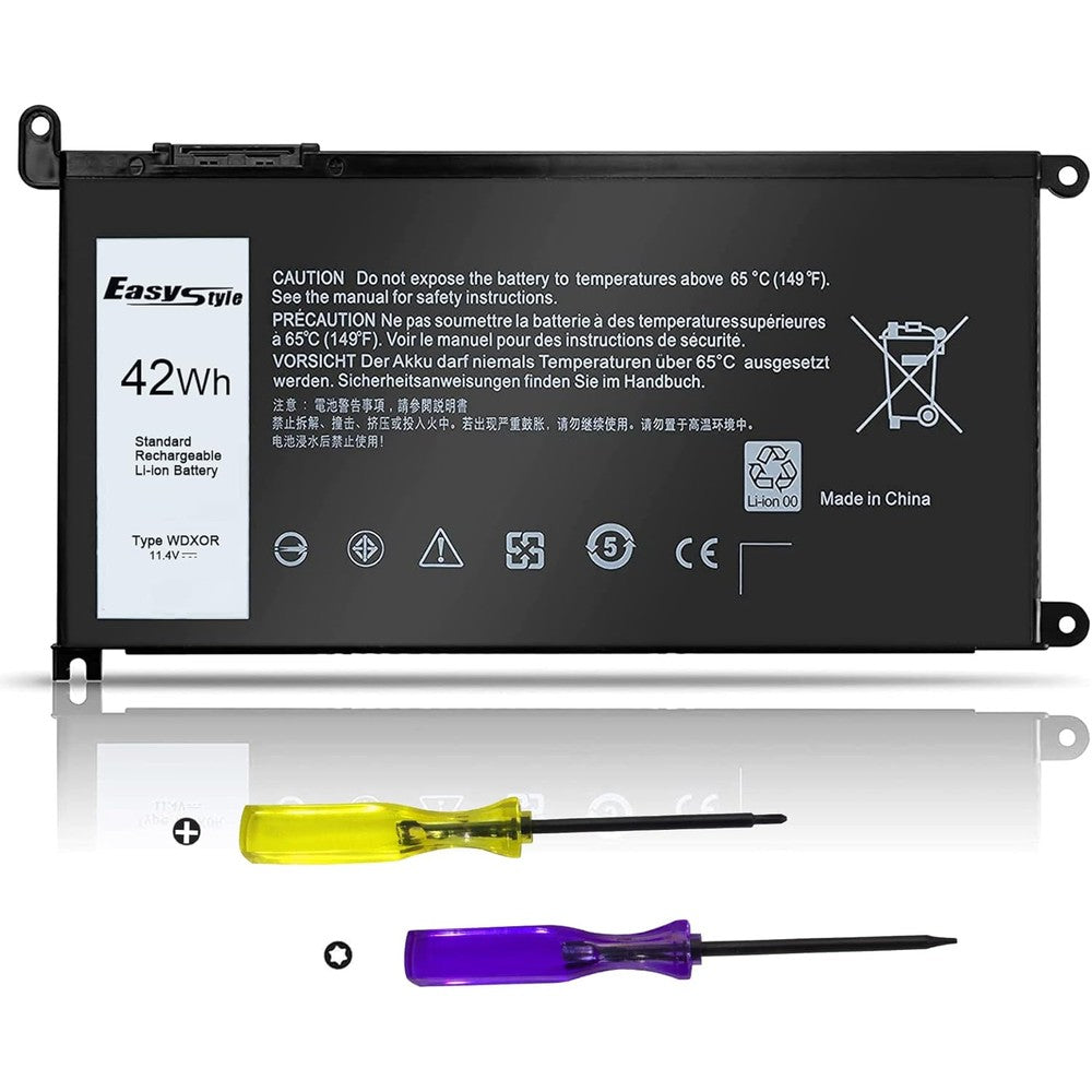 Easy Style WDX0R replacement laptop battery front view showcasing the sleek black protective outer casing and precise contact pin connector layout.