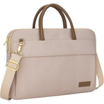 RAINYEAR laptop bag for women front view showcasing the elegant khaki design and polyurethane leather handle.