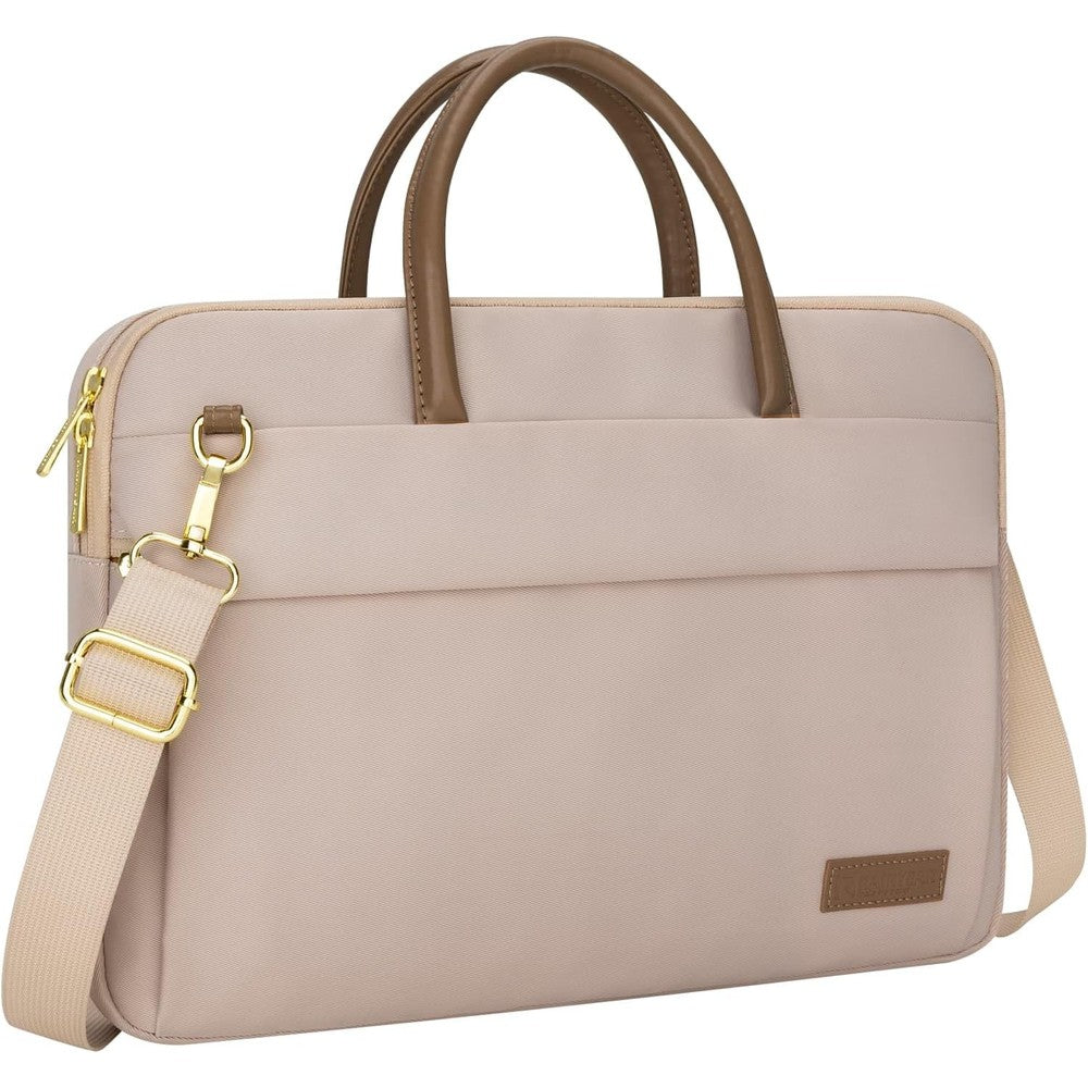RAINYEAR laptop bag for women front view showcasing the elegant khaki design and polyurethane leather handle.