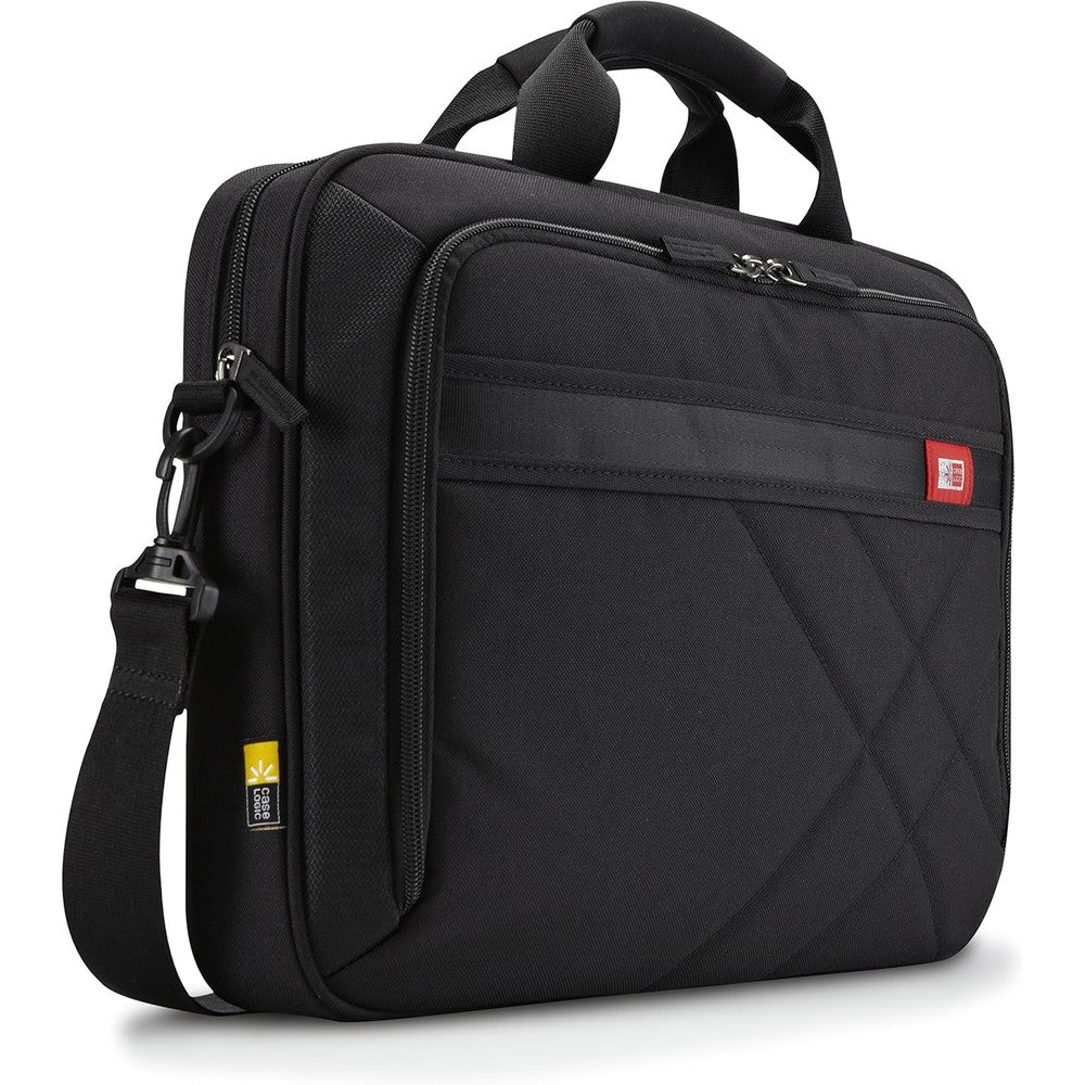 Case Logic laptop briefcase front view in black nylon with red accents.