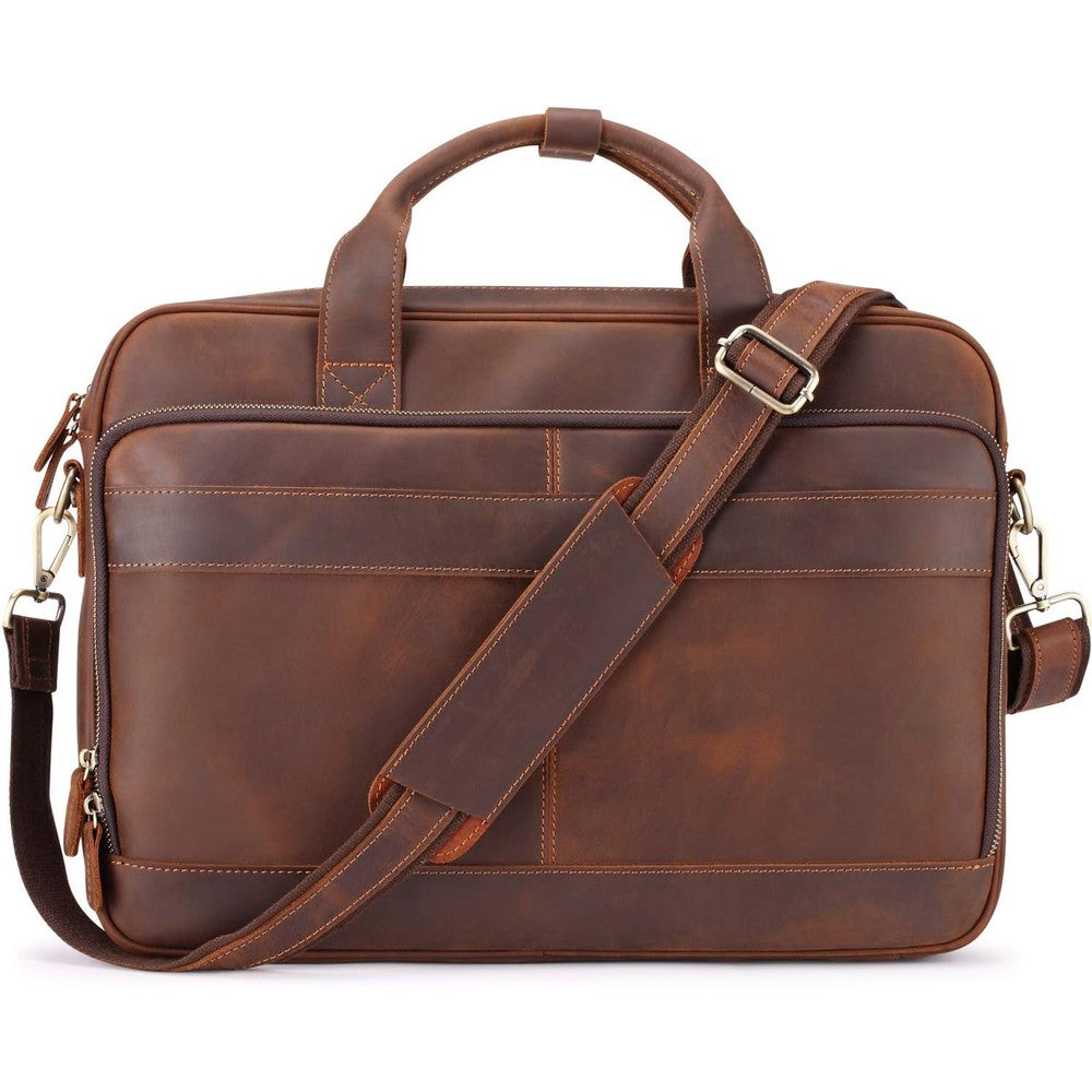Jack And Chris Full Grain Leather Briefcase premium front view highlighting brown cowhide texture.