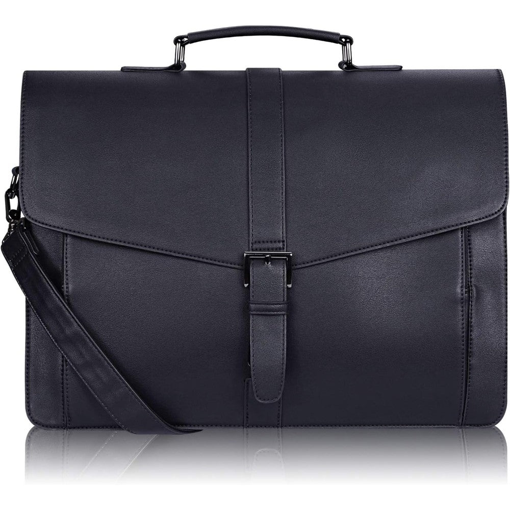 ESTARER men's leather briefcase 15.6 Inch laptop bag front view black