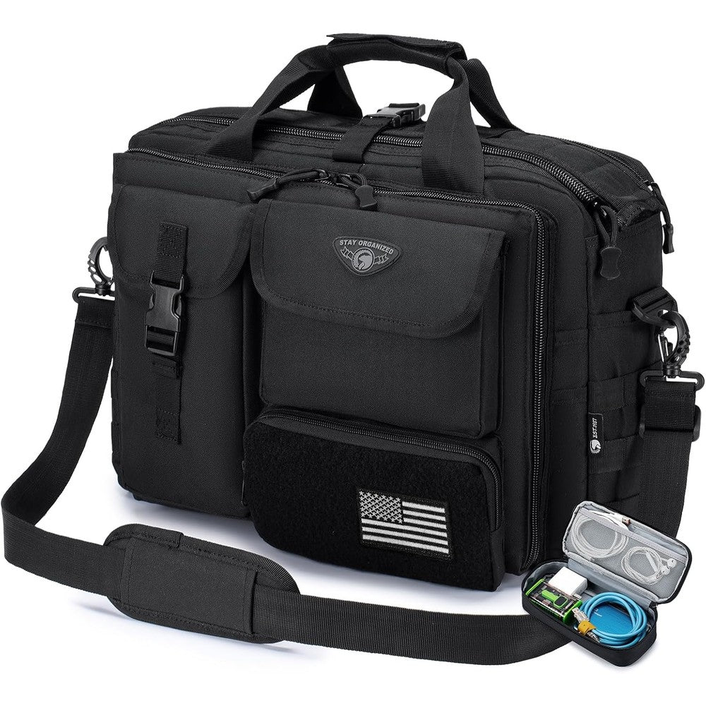 Stypos tactical messenger bag front view in black showcasing heavy duty exterior pockets