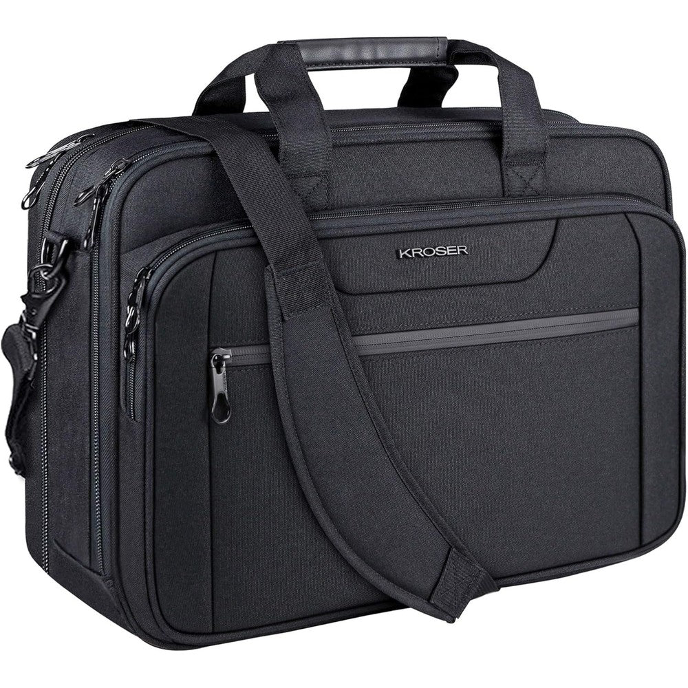 Kroser black expandable laptop briefcase front view