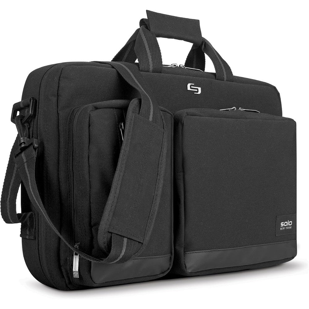 Solo New York Duane Hybrid Briefcase Backpack in black front view showing premium zipper compartments