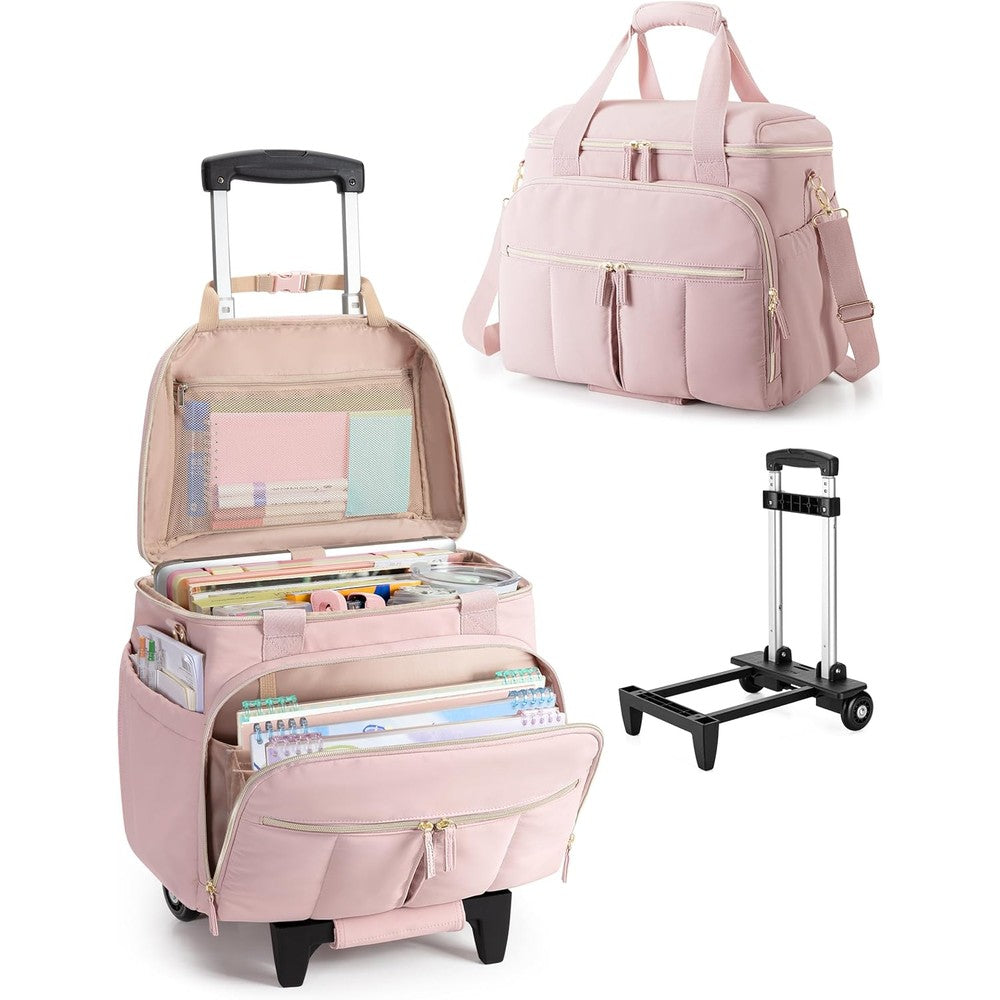 Marscamd rolling teacher bag front view showing pink water-resistant fabric and adjustable trolley handle.