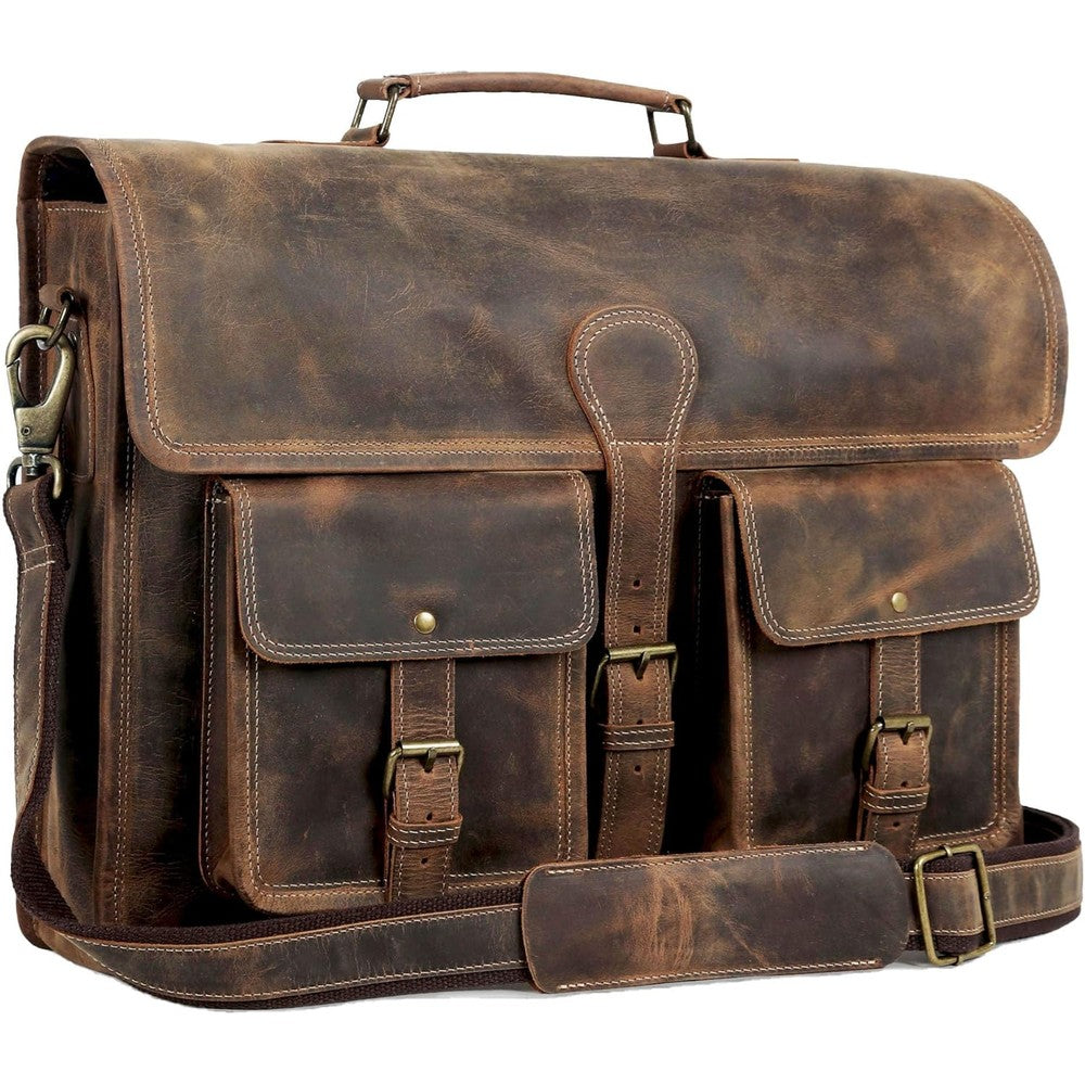 Komal's Passion Leather briefcase 18 inch laptop messenger bag front view showing premium vintage brown water buffalo leather.