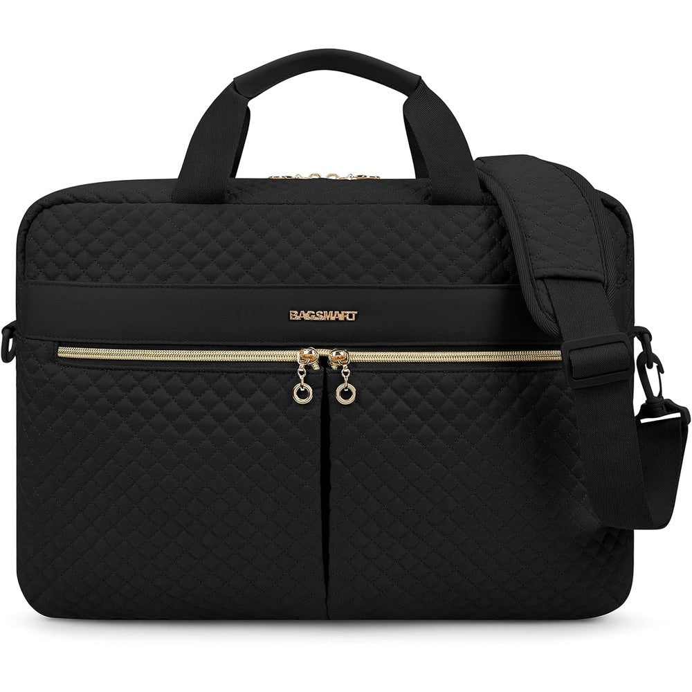 BAGSMART women laptop bag in black showing the front view quilted design for business travel.
