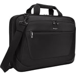 Targus CityLite laptop briefcase front view showing sleek black exterior design.