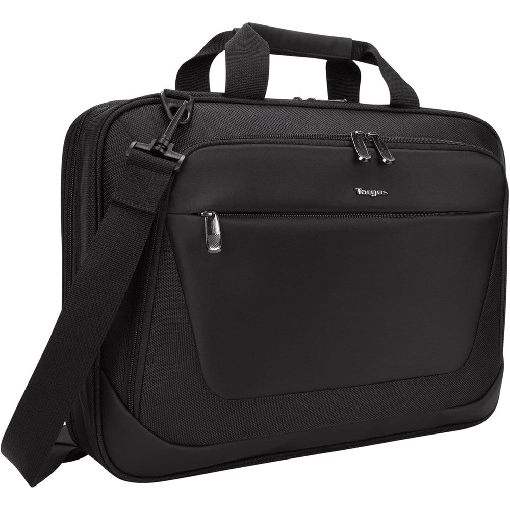 Targus CityLite laptop briefcase front view showing sleek black exterior design.