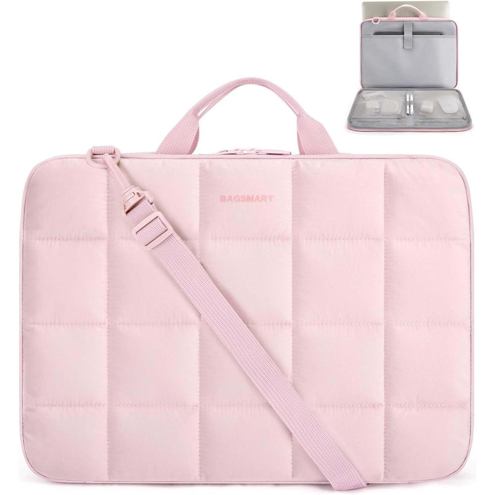 BAGSMART puffy laptop sleeve bag front view in pink color