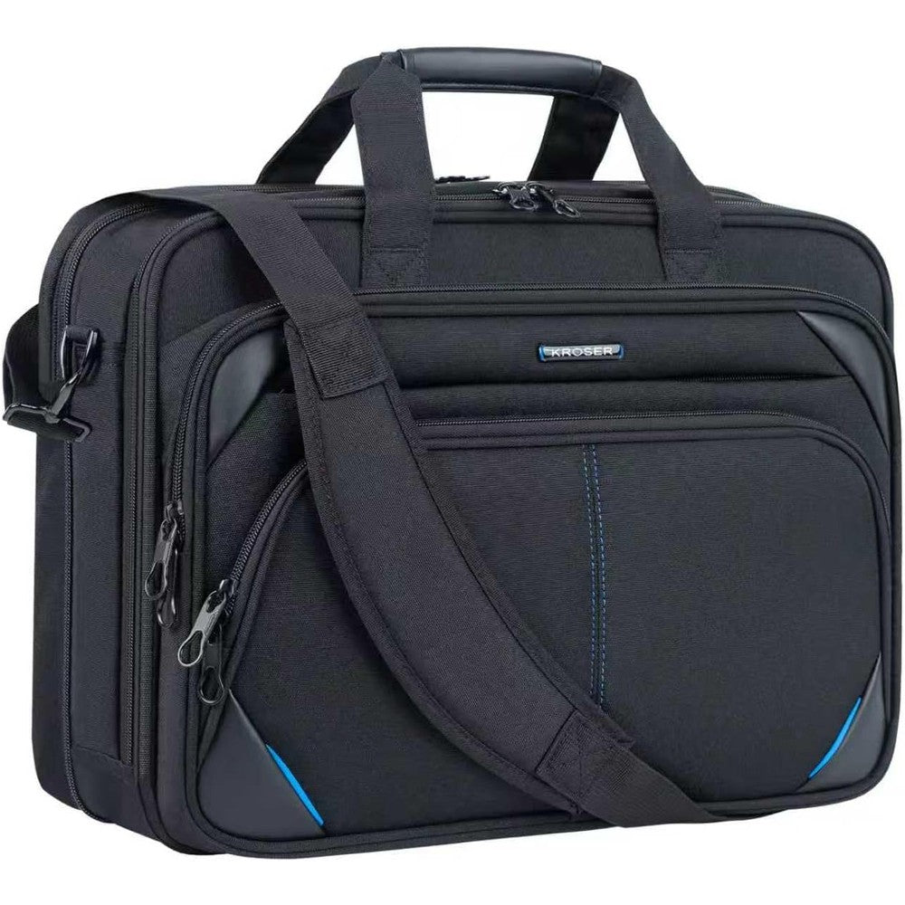 KROSER premium expandable laptop briefcase 17.3 inch front view in black blue