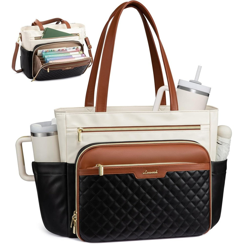 LOVEVOOK teacher tote bag front view showing quilted premium black leather texture.