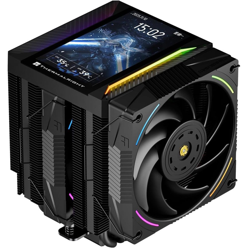Thermalright Peerless Assassin 120 Vision MAX ARGB Black CPU air cooler front view showcasing dual tower radiator and 5 inch IPS screen.