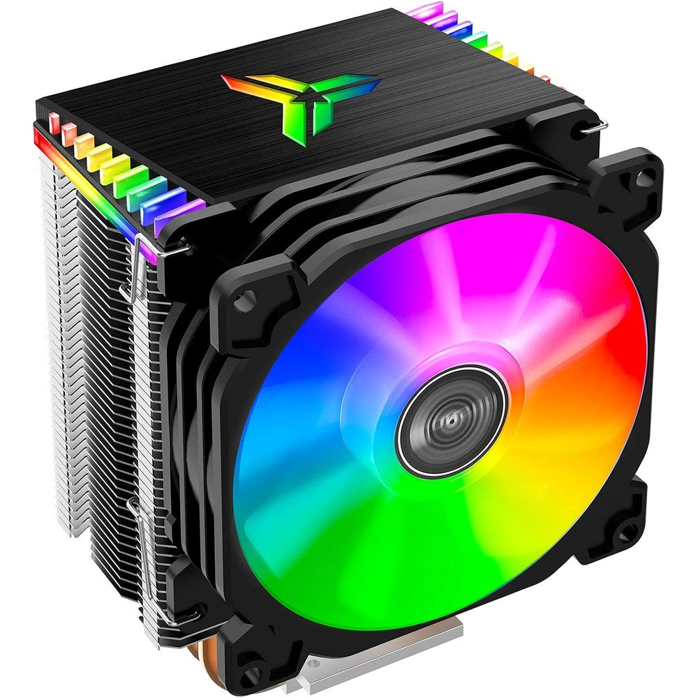 Jonsbo CR1400 RGB CPU Air Cooler front view highlighting the black single-tower design and aluminum cooling fins.