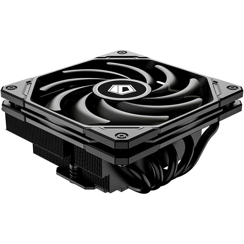 ID-COOLING IS-55 Black low profile CPU air cooler front view showcasing the black aluminum fins and slim fan.