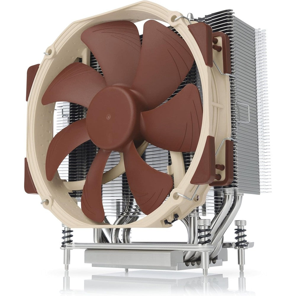 Noctua NH-U14S TR4-SP3 premium CPU air cooler front view highlighting its large single-tower aluminum heatsink and signature brown fan design