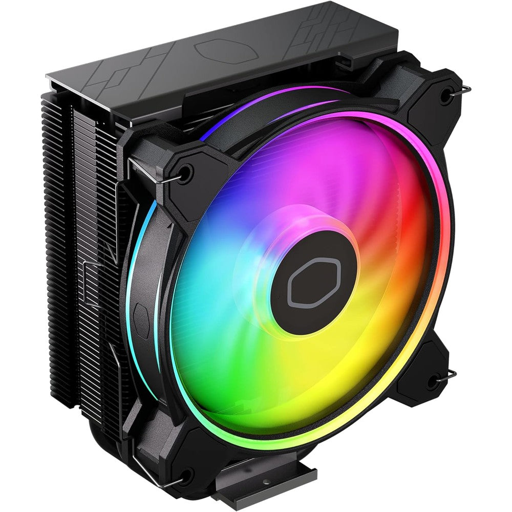 Cooler Master Hyper 212 Halo Black CPU Air Cooler front view highlighting the dual loop addressable RGB fan and sleek aluminum top cover.