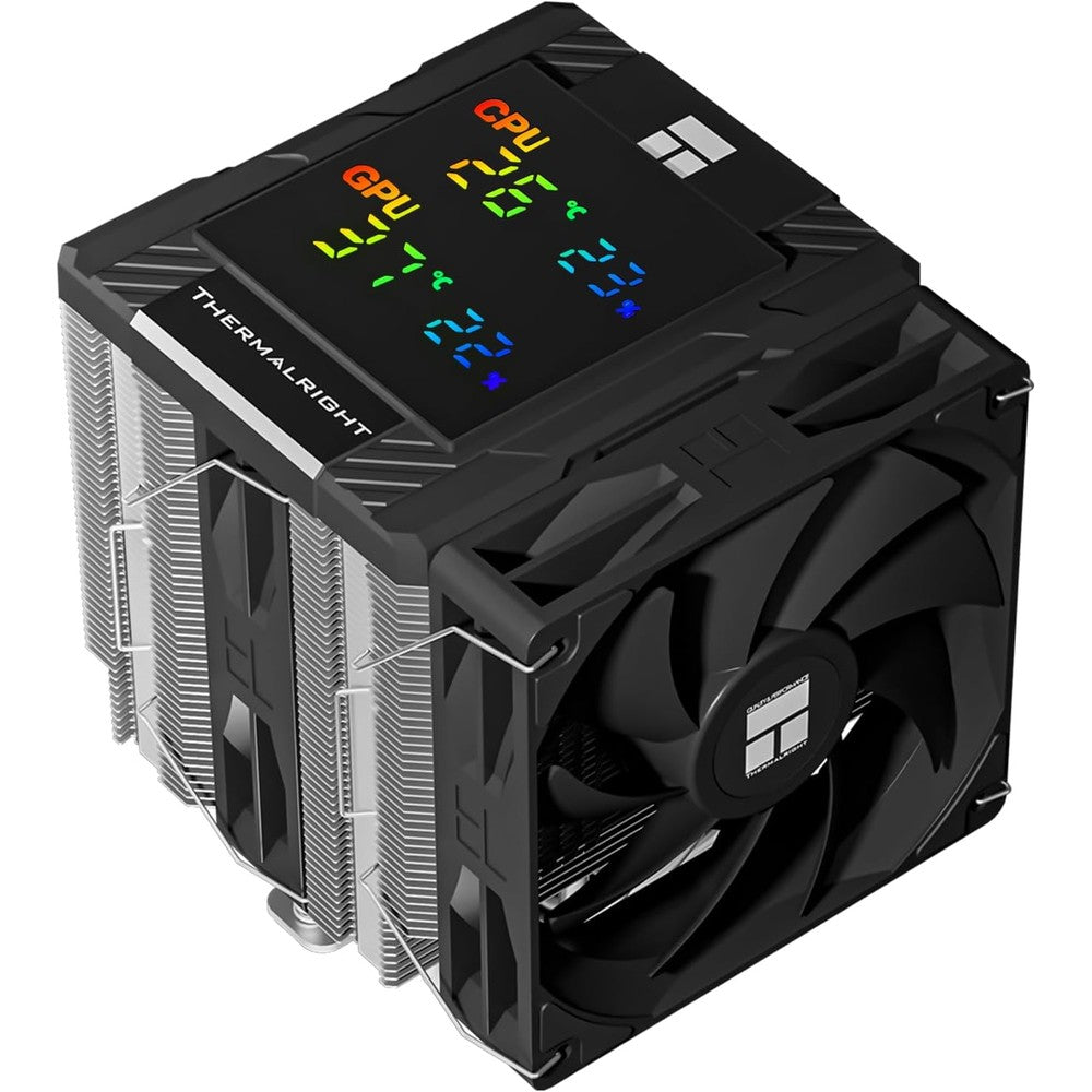 Thermalright Peerless Assassin 120 Digital Black CPU cooler front view displaying the dual tower heatsink structure