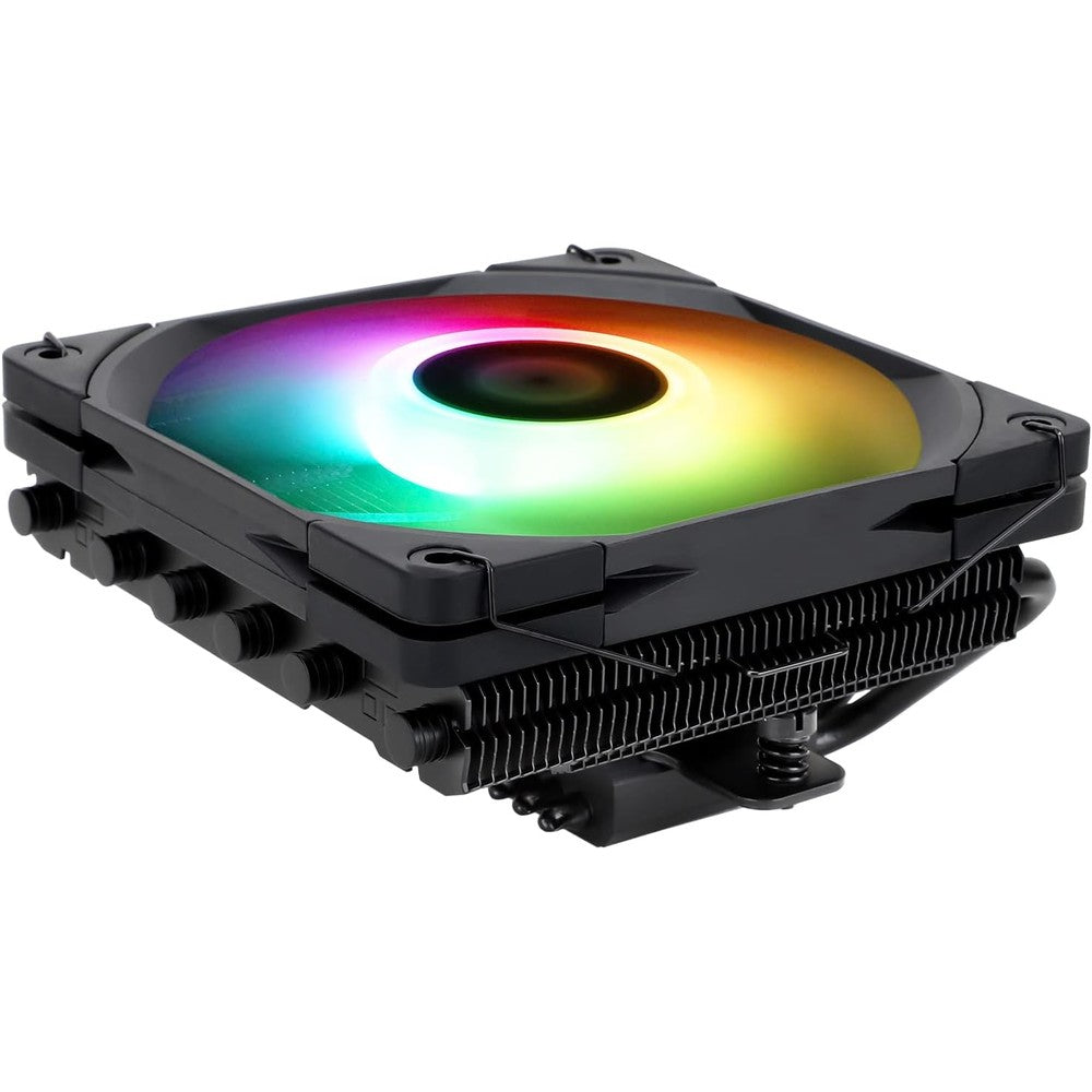 Thermalright AXP-120-X67 Black ARGB low profile CPU air cooler front view highlighting the slim black fan.