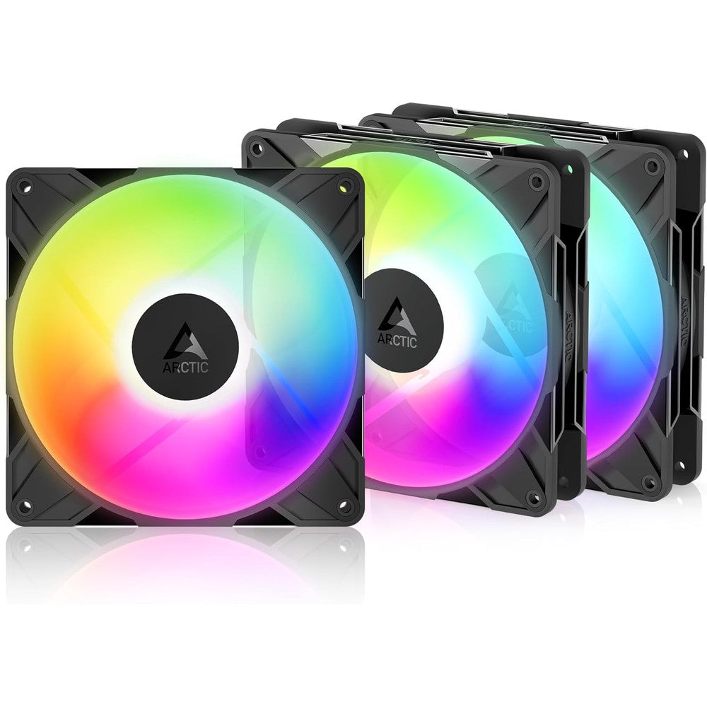 Arctic P14 Pro Reverse addressable RGB three pack front view premium PC intake fan.