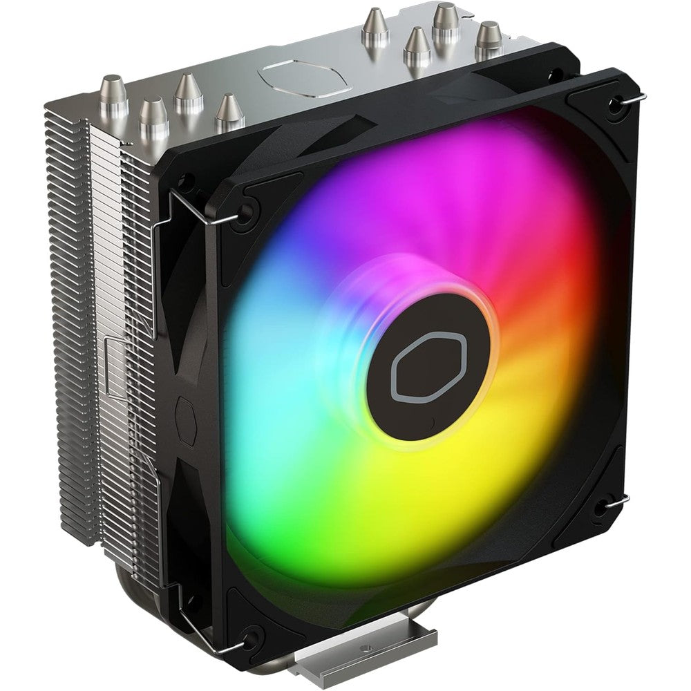 Cooler Master Hyper 212 Spectrum V3 front view showcasing the pre-installed 120 millimeter ARGB fan and copper heat pipes.