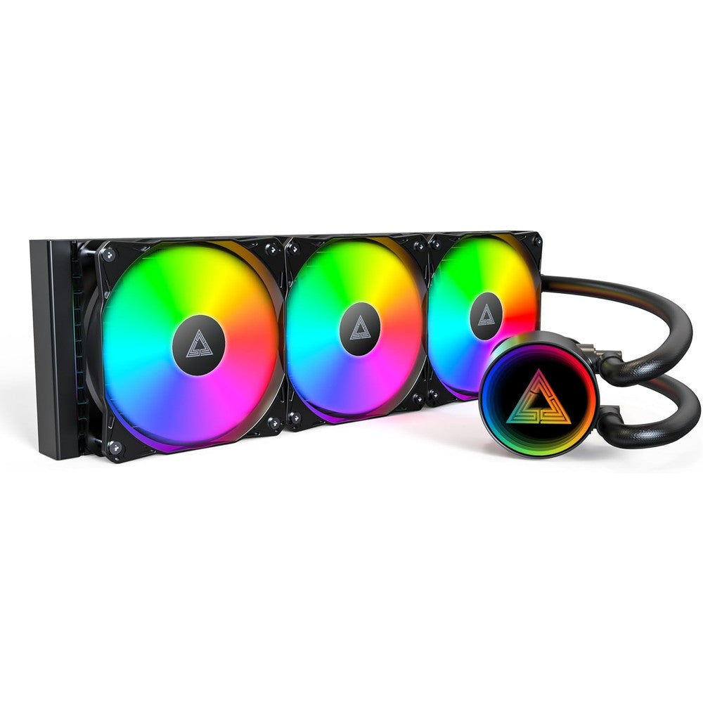 Montech LightFlow ARGB 360 liquid cooler front view showing the infinity mirror pump block