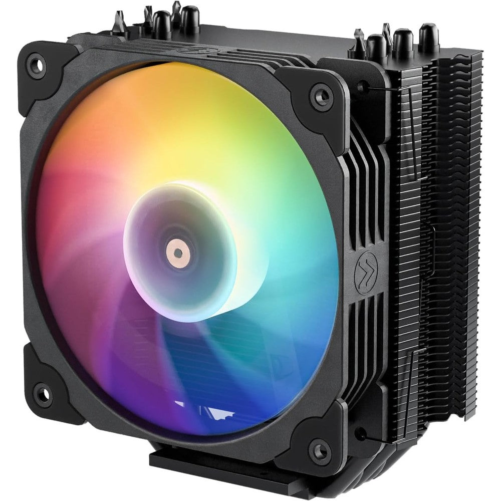 Vetroo V5 CPU Air Cooler front view highlighting the black finish and central addressable RGB one hundred twenty millimeter cooling fan