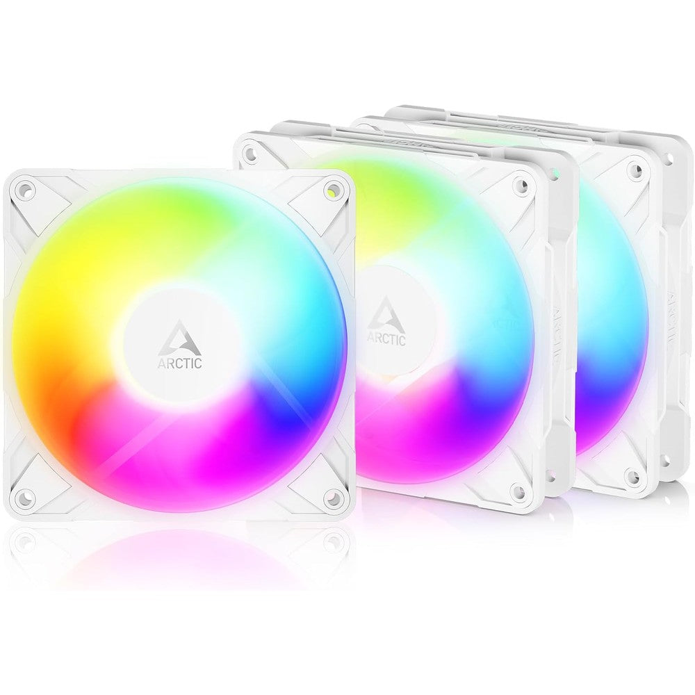 ARCTIC P12 Pro Reverse Addressable RGB White Triple Pack packaging front view showing premium cabinet fans.
