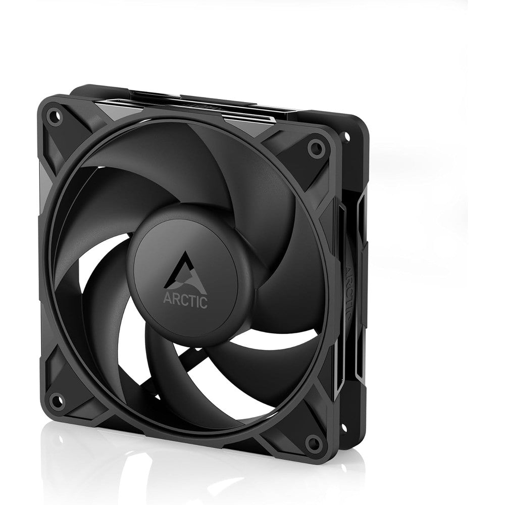 ARCTIC P12 Pro premium case fan front view showing matte black high-pressure blades and central branding.