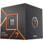 AMD Ryzen 7 7700 desktop processor front view of the retail box featuring the signature orange and grey branding.
