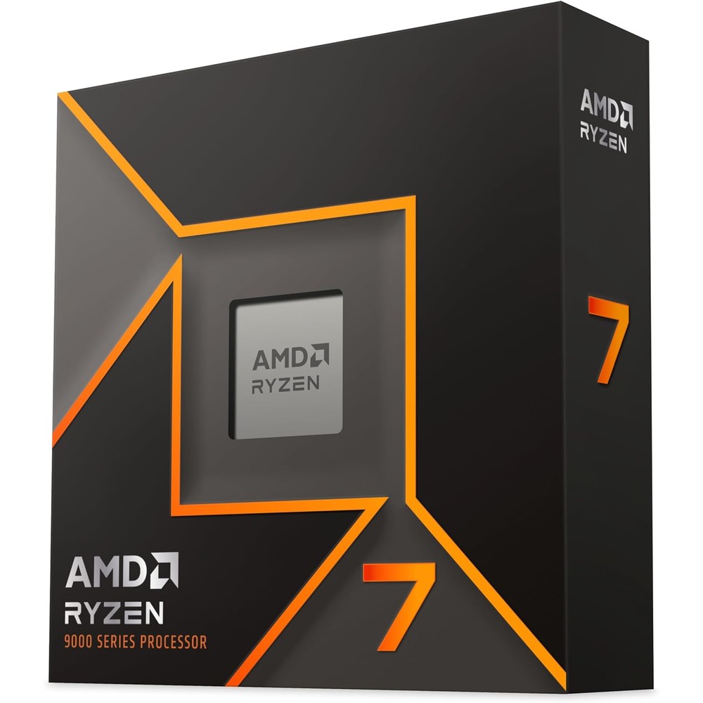 AMD Ryzen 7 9700X desktop processor box front view showing the sleek packaging.